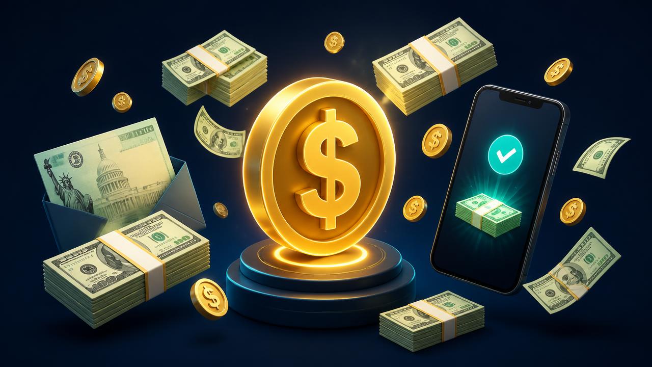 3D illustration of a glowing gold dollar coin surrounded by cash stacks, a government check envelope, and a phone showing a payout notification