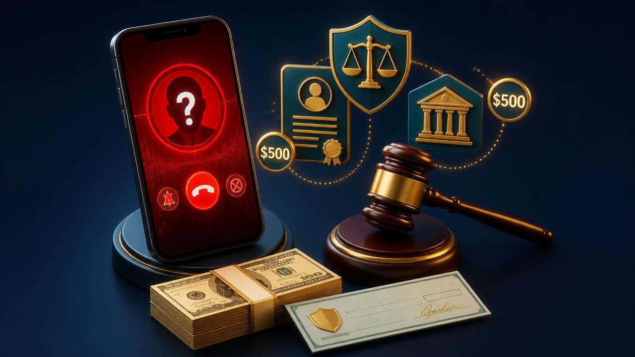 3D illustration of a smartphone showing an unknown-caller robocall alert beside a gavel, cash stack, and settlement check